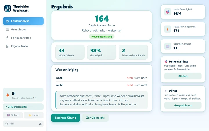Ergebnis mit Anschlägen pro Minute und den vertippten Wörtern