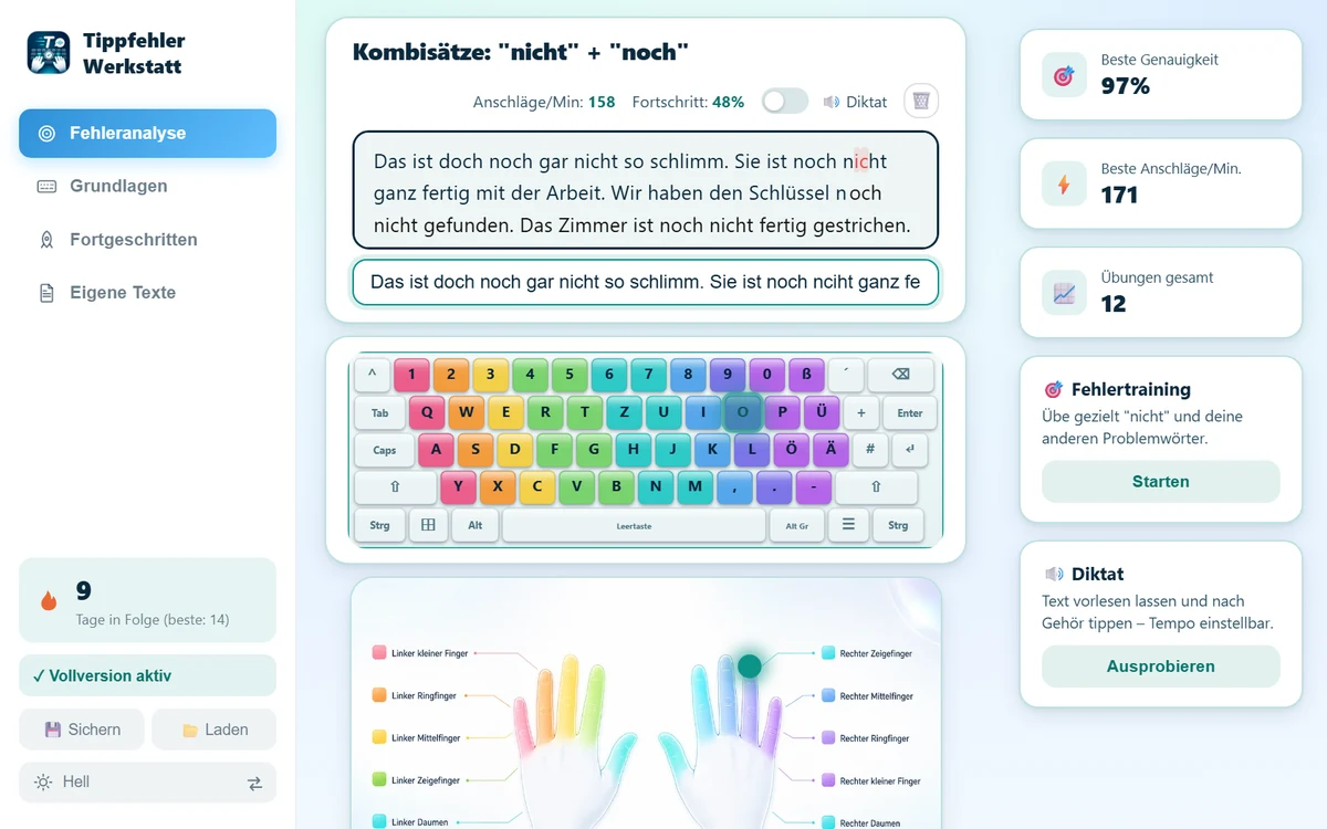 TippfehlerWerkstatt: Kombisätze mit den Problemwörtern „nicht“ und „noch“, Tastatur und Fingerhilfe